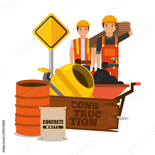 construction workers wooden barrel sack concrete mixer sing road vector illustration