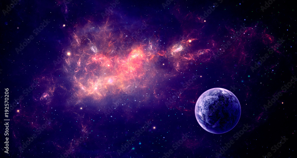 Space scene. Violet nebula with planet. Elements furnished by NASA. 3D rendering