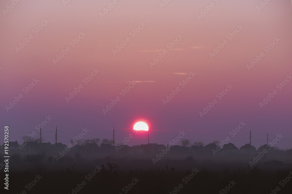 the setting sun over the roofs of houses. a haze over the field. natural background. the setting sun over the roofs of houses. a haze over the field. natural background.