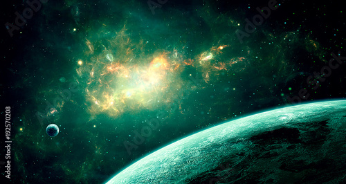 Space scene. Green nebula with two planet. Elements furnished by NASA. 3D rendering