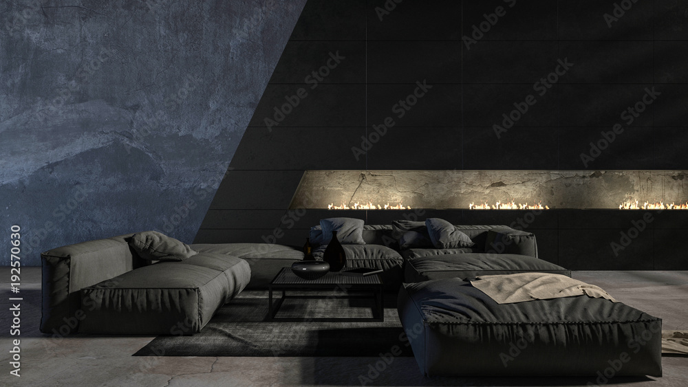 Dark monochromatic grey living room interior Stock Illustration | Adobe