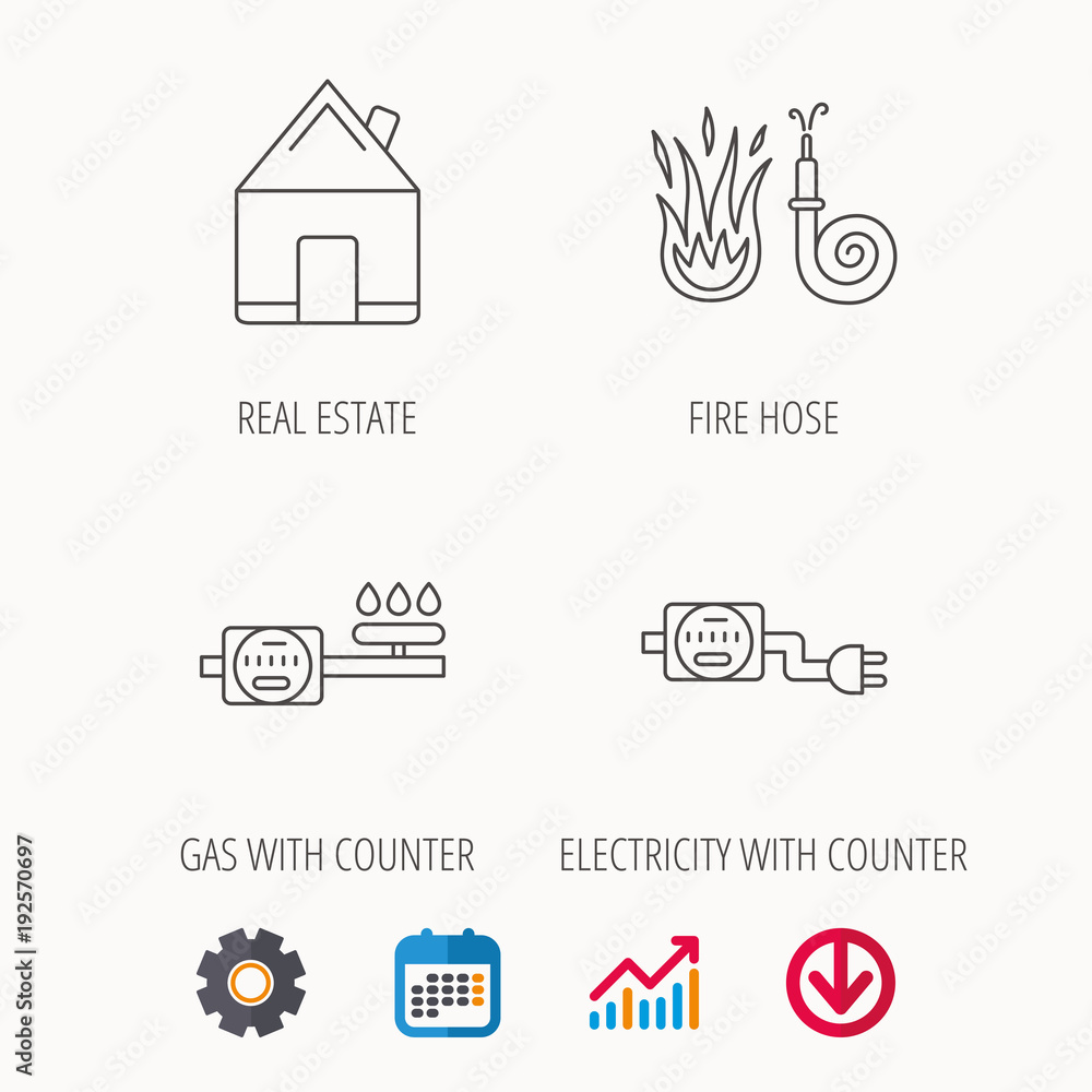 Real estate, fire hose and gas counter icons.