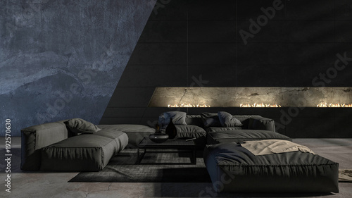 Dark monochromatic grey living room interior © XtravaganT