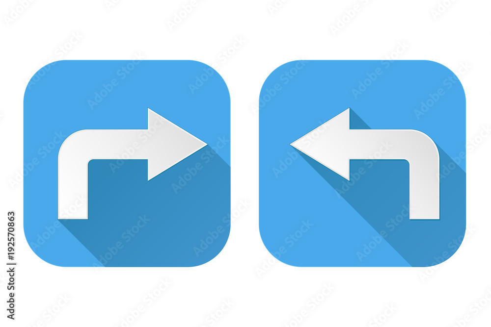 Right and left arrows. Turning square blue signs Right and left arrows. Turning square blue signs