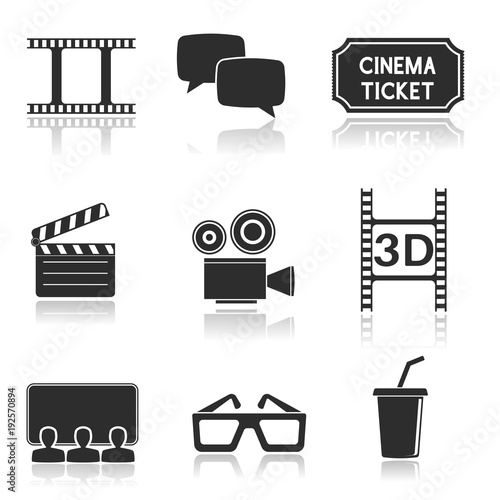 Cinema icons set. Black square signs with movie theater symbols