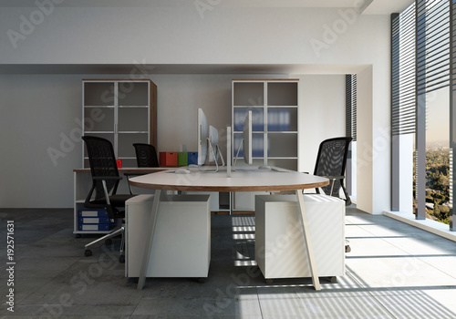 Empty desk with chairs in office room