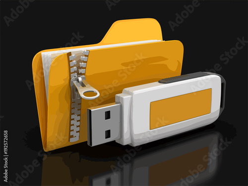 folder with zipper and USB flash. Image with clipping path