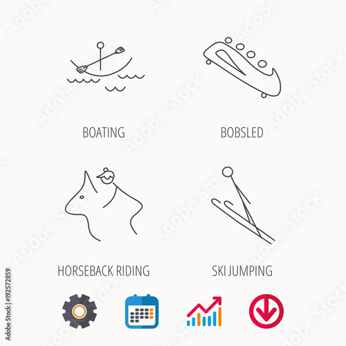 Boating, horseback riding and bobsled icons.