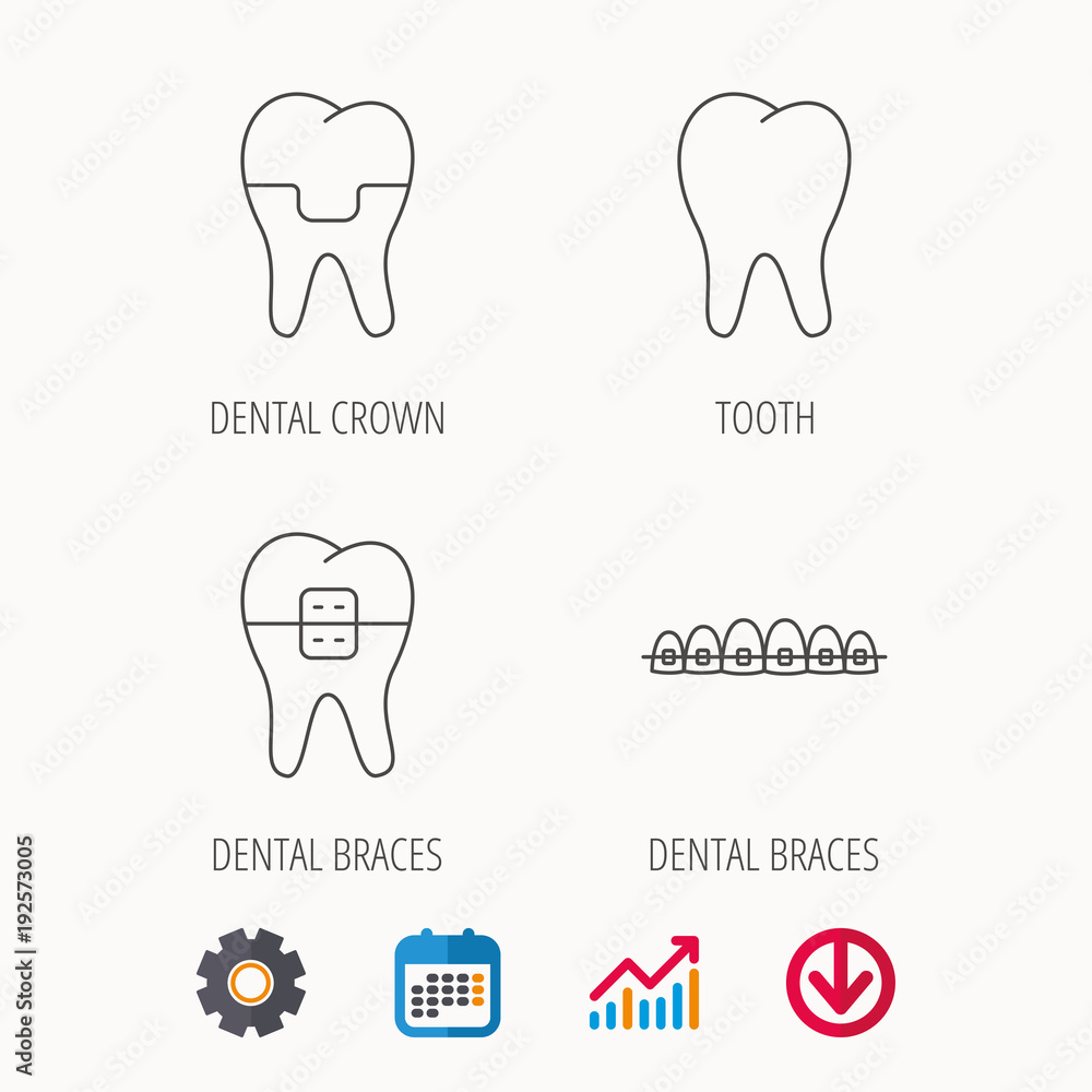 Dental crown, braces and tooth icons. Dental crown, braces and tooth icons.