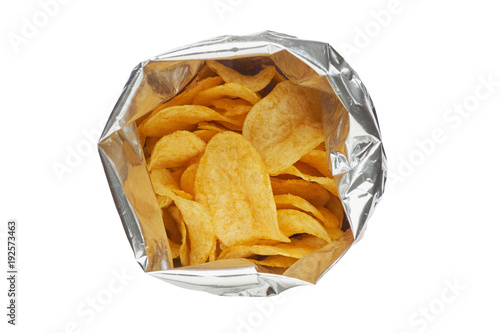 Potato chips in a silver package isolated on a white background close-up.