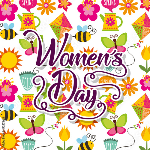 decorative flowers bee spring butterfly sun womens day wallpaper vector illustration