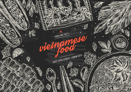 Vietnamese food. Linear graphic. Top