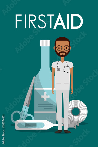 afroamerican man doctor sthetoscope first aid alcohol bottle thermometer scissors band vector illustration