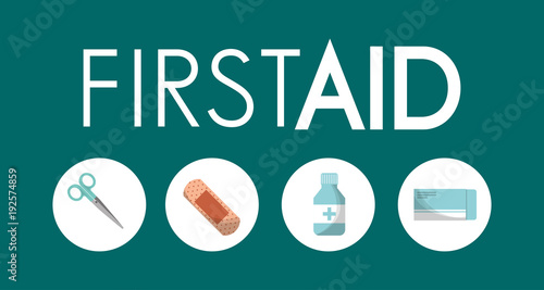 first aid kit utilities plaster painkillers scissors analgesics medical vector illustration