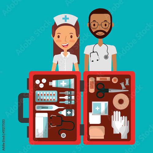medical staff man and woman with open first aid kit vector illustration