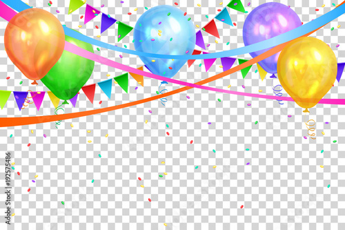 Happy Birthday. Border of realistic colorful balloons and flags garlands on transparent background. Party decoration frame for birthday, anniversary, celebration. Vector, eps 10.