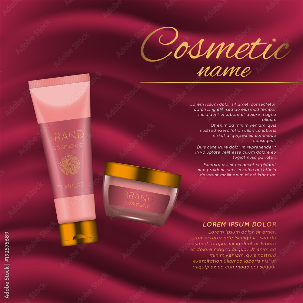 Vector 3D cosmetic illustration on a soft silk background. Beauty realistic cosmetic product design template. Vector 3D cosmetic illustration on a soft silk background. Beauty realistic cosmetic product design template.