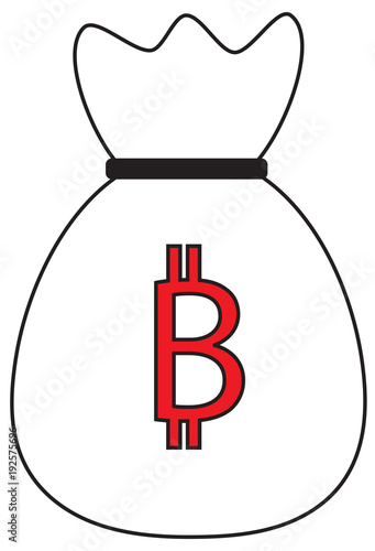 Bitcoin crypto currency icon or logo vector over a money bag. Symbol for bank or banking on a  digital economy with virtual cash and currencies used for commerce payment and financial network.