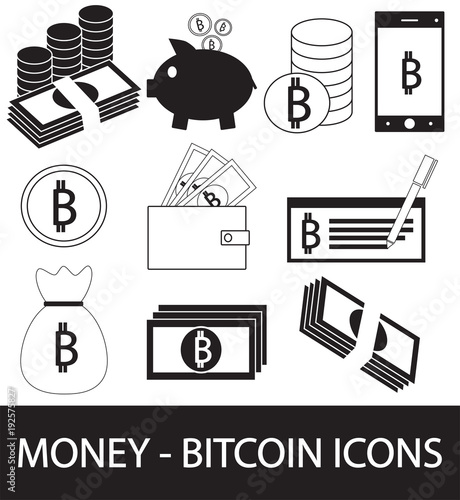 Set, collection or pack of Bitcoin crypto currency icon, logo or vector. Coins, notes or bills, cell or mobile phone, wallet or check. Symbol for bank or banking on digital economy with virtual money