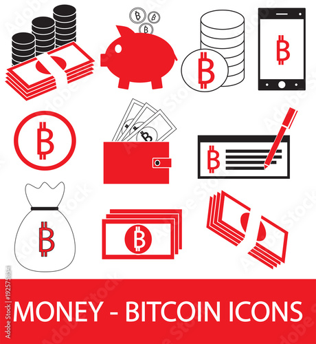 Set, collection or pack of Bitcoin crypto currency icon, logo or vector. Coins, notes or bills, cell or mobile phone, wallet or check. Symbol for bank or banking on digital economy with virtual money