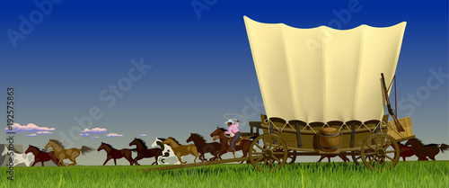 Wild West prairie landscape with covered wagon and flock of horses