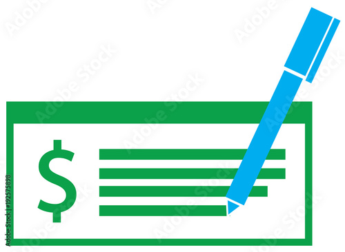 Dollar currency icon or logo vector on a paycheck or cheque. Symbol for United States of America bank, banking or American finances.