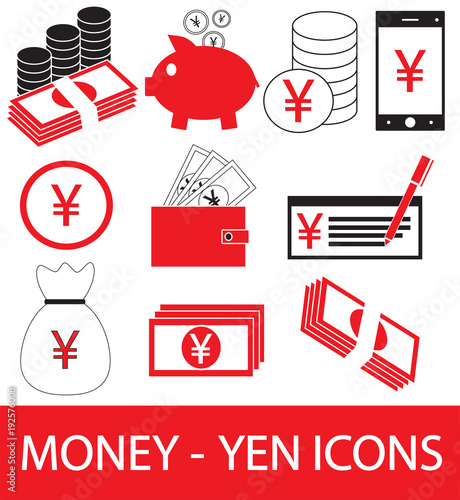 Set, collection or pack of Yen, Yuan or Renminbi currency icon or logo. Coins, notes or bills, cell or mobile phone or check. Symbol for Japanese or Chinese bank, banking or Japan and China finances
