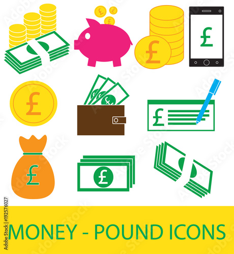 Set, collection or pack of Pound currency icon or logo. Coins, notes or bills, cell or mobile phone, wallet or check. Symbol for United Kingdom or Great Britain and England bank, banking or finances
