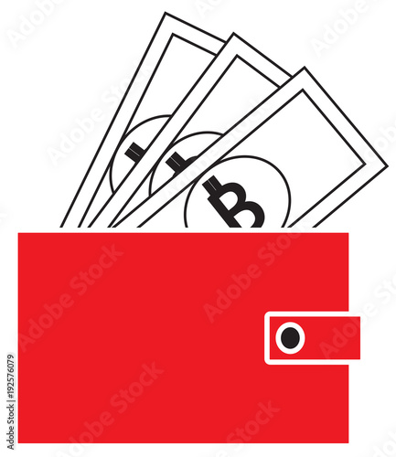 Bitcoin crypto currency icon or logo vector on notes popping out of a wallet. Symbol for bank or banking on a digital economy with virtual cash and currencies used for commerce financial payment