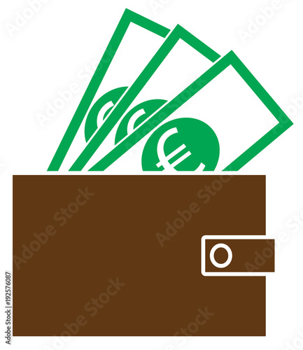 Euro currency icon or logo vector on notes popping out of a wallet. Symbol for European Union bank, banking or Europe Eurozone finances