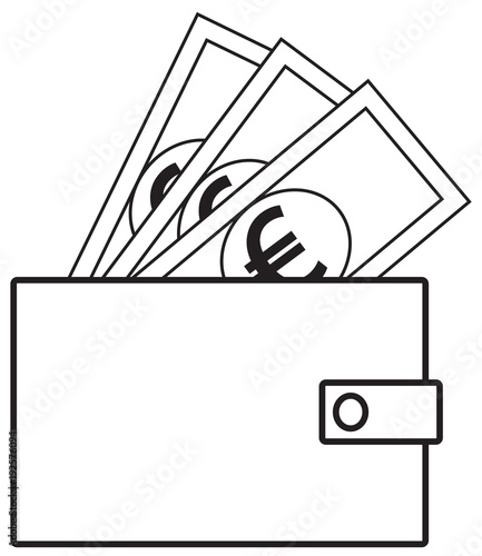 Euro currency icon or logo vector on notes popping out of a wallet. Symbol for European Union bank, banking or Europe Eurozone finances