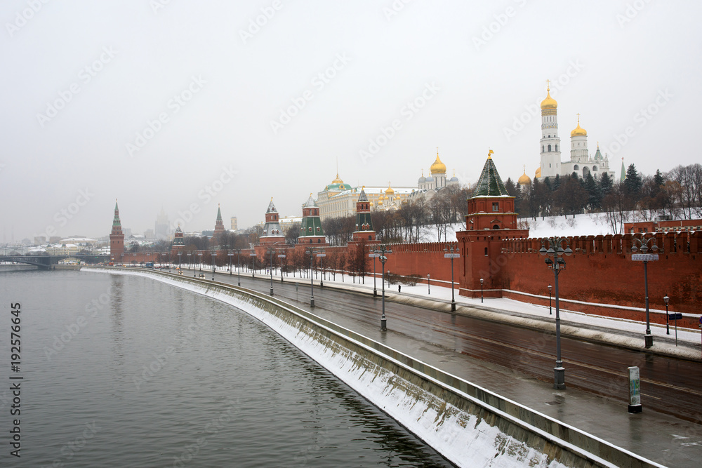 Moscow Kremlin, Kremlin Embankment and Moscow River at night in Moscow, Russia.