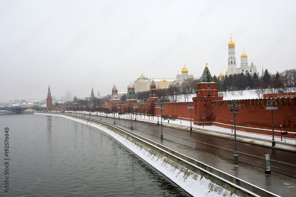 Moscow Kremlin, Kremlin Embankment and Moscow River at night in Moscow, Russia. Moscow Kremlin, Kremlin Embankment and Moscow River at night in Moscow, Russia.