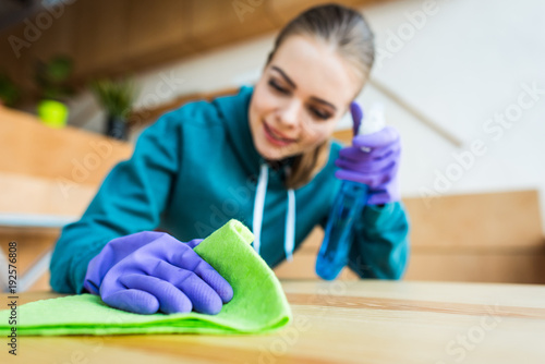 beautiful smiling young woman cleaning home with rag and cleaning fluid