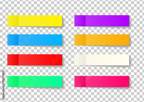 Post note sticker set isolated on transparent background. Paper sticky tape with shadow. Vector office color post sticks for advertising design