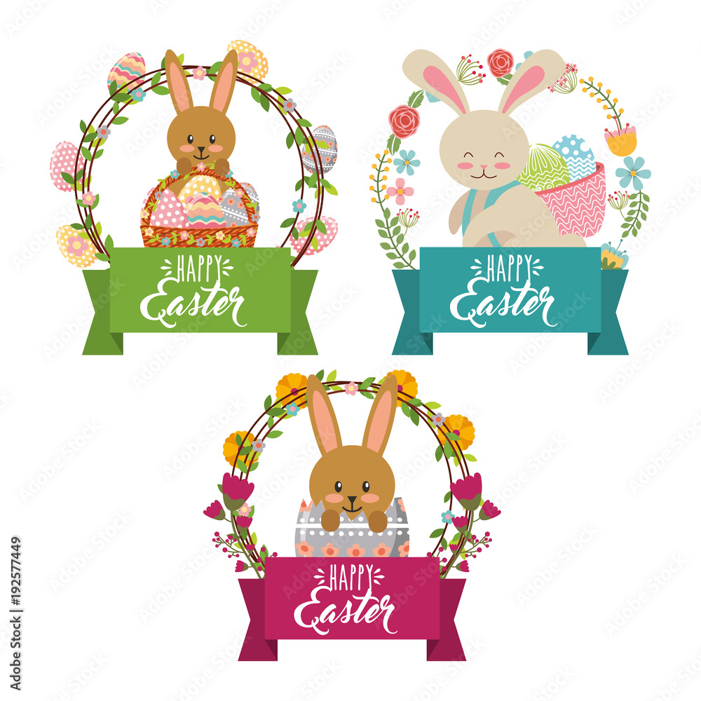 Fototapeta premium collection bunnies floral decoration frame happy easter vector illustration