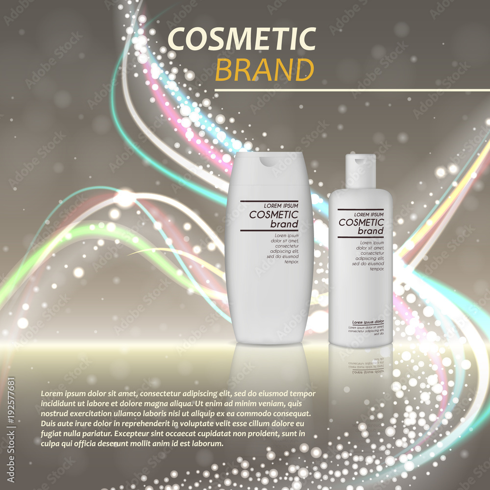3D realistic cosmetic bottle ads template. Cosmetic brand advertising concept design with glitters and bokeh background 3D realistic cosmetic bottle ads template. Cosmetic brand advertising concept design with glitters and bokeh background