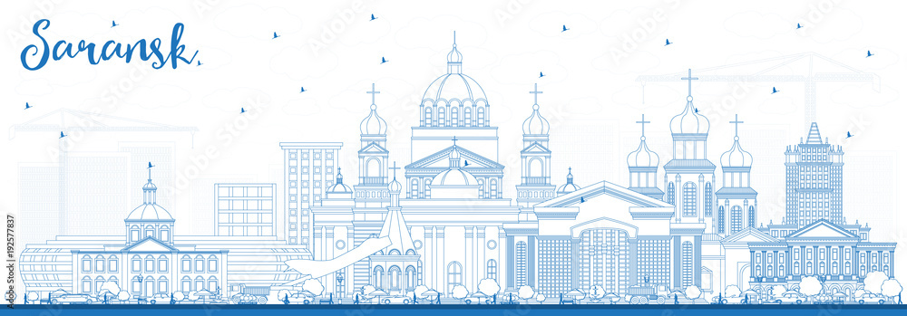 Outline Saransk Russia City Skyline with Blue Buildings.