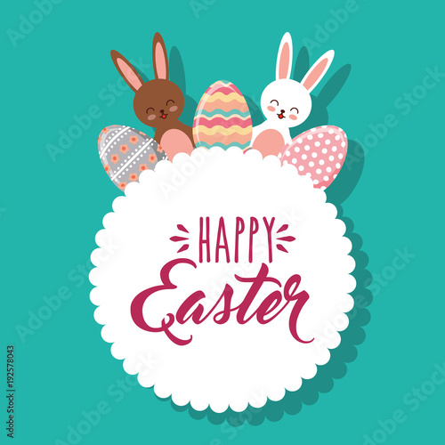 cute rabbits and eggs decoration white label happy easter vector illustration