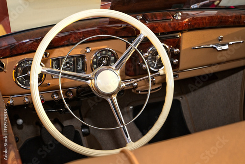 Steering wheel of vintage car.
