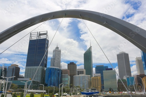 View at the city center of Perth through one of the archs of Elizabeth key, Australia