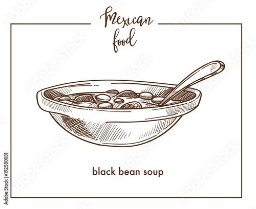 Black bean soup sketch vector icon for Mexican cuisine food menu design