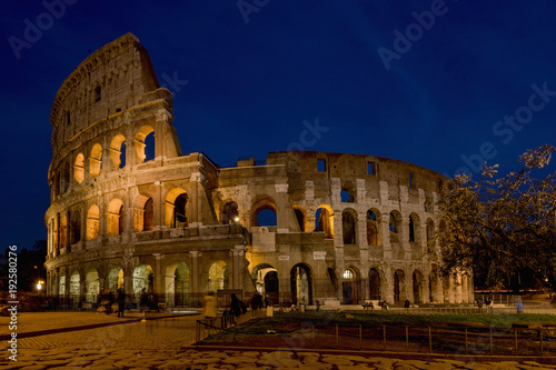 General view of the Colosseum in Rome at sunset. Italy