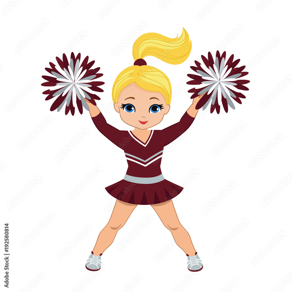 Cheerleader in maroon and silver uniform with Pom Poms. Vector illustration isolated on white background. Cheerleader in maroon and silver uniform with Pom Poms. Vector illustration isolated on white background.