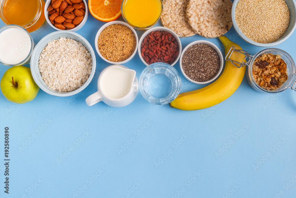 Useful breakfast on a blue pastel background Useful breakfast on a blue pastel background