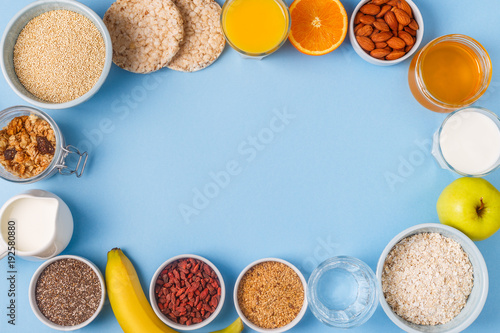 Useful breakfast on a blue pastel background