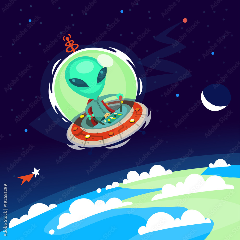Alien in outer space in his saucer flying over the cloudy surface of ...