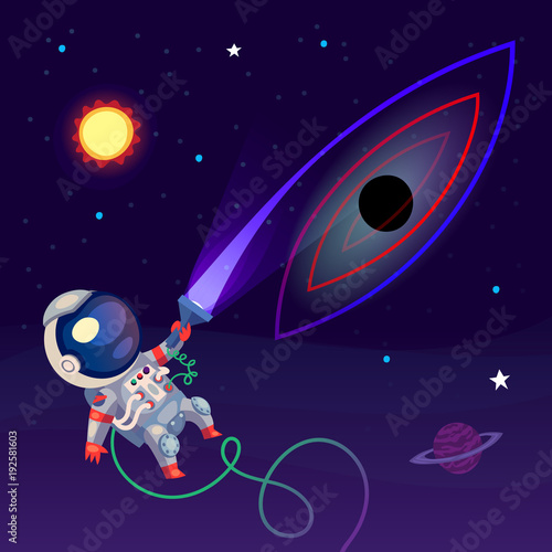 Illustration with an astronaut in space near black hole. The light of his flashlight is getting sucked into the black hole. Scientific illustration depicting the change of light's wavelength.