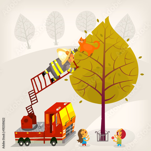 Emergency situation illustration. Ginger cat is stuck on a tree. Fireman is saving him. Children are watching the process with curiosity.  