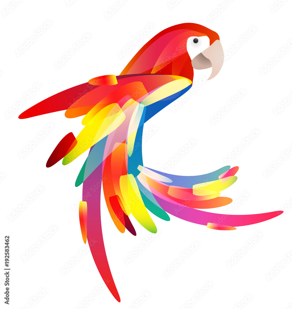 Naklejka premium Stylizowana ilustracja papugi z wielobarwnym ogonem. Element wektora do logo, ikon i projektu